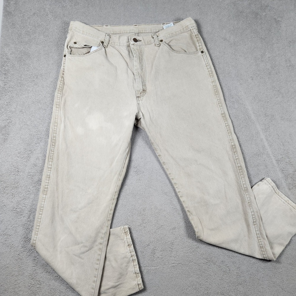 Wrangler Rugged Wear Relaxed Straight Leg Jeans Mens 38x32 Mens Tan Distressed